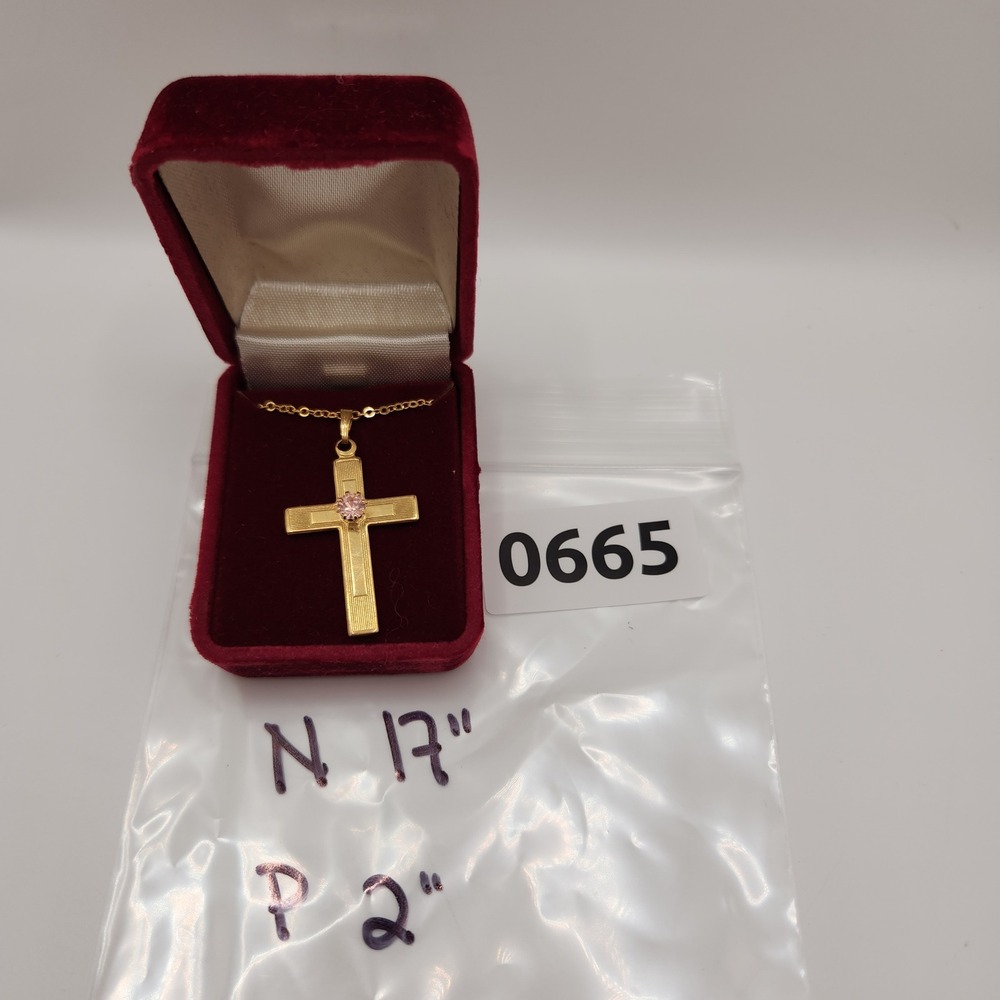 Vintage Dainty Pink Rhinestone Cross Necklace Gold Tone Made in USA 17 Inch - Picture 5 of 6